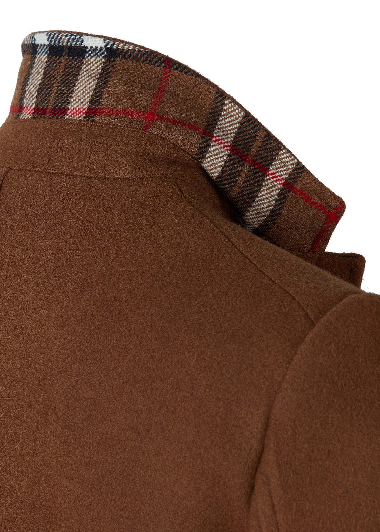 Dark camel mens coat with collar popped to show tan and red tartan under collar
