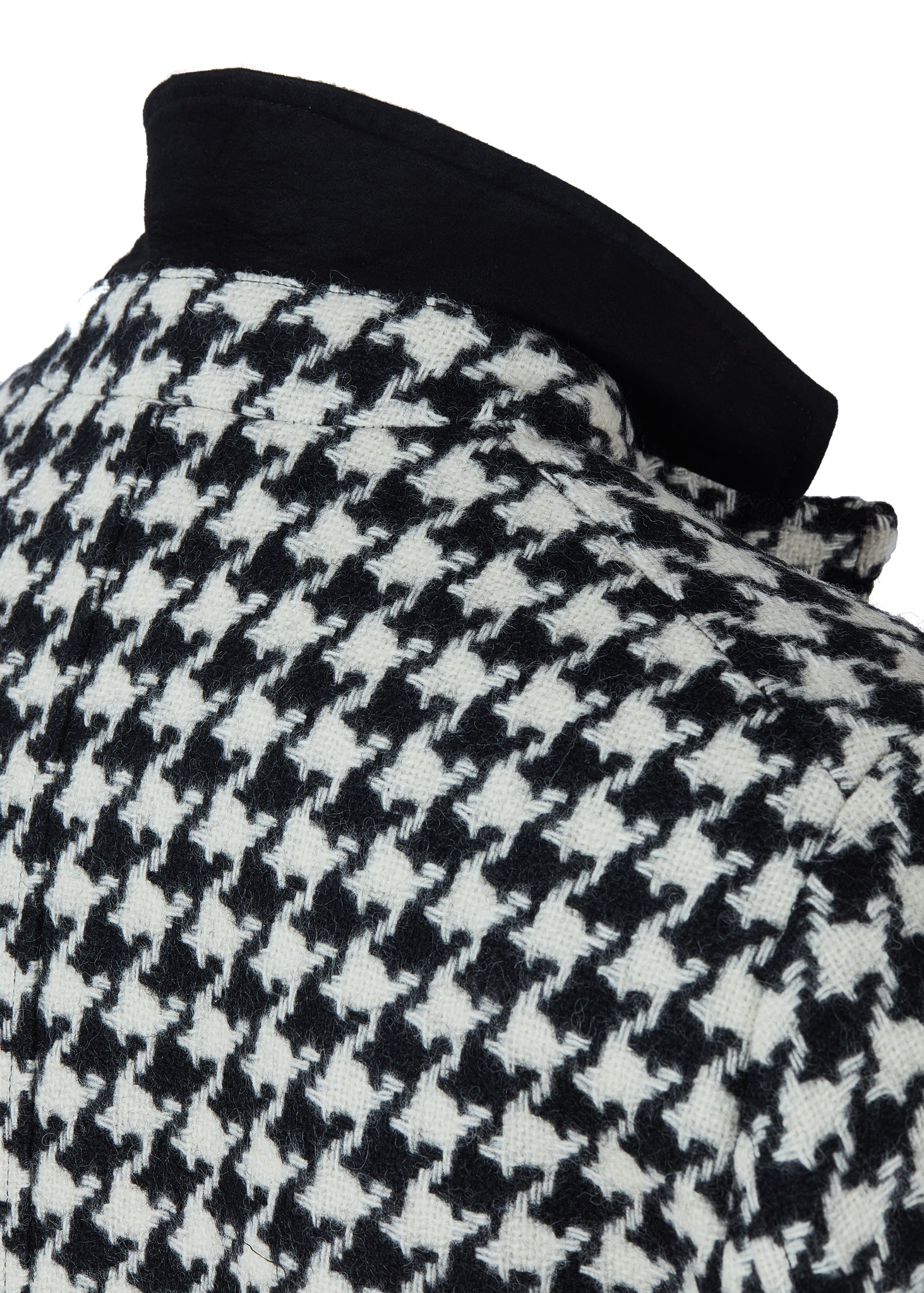 Black and White Houndstooth mens tweed coat with collar popped to show black under collar