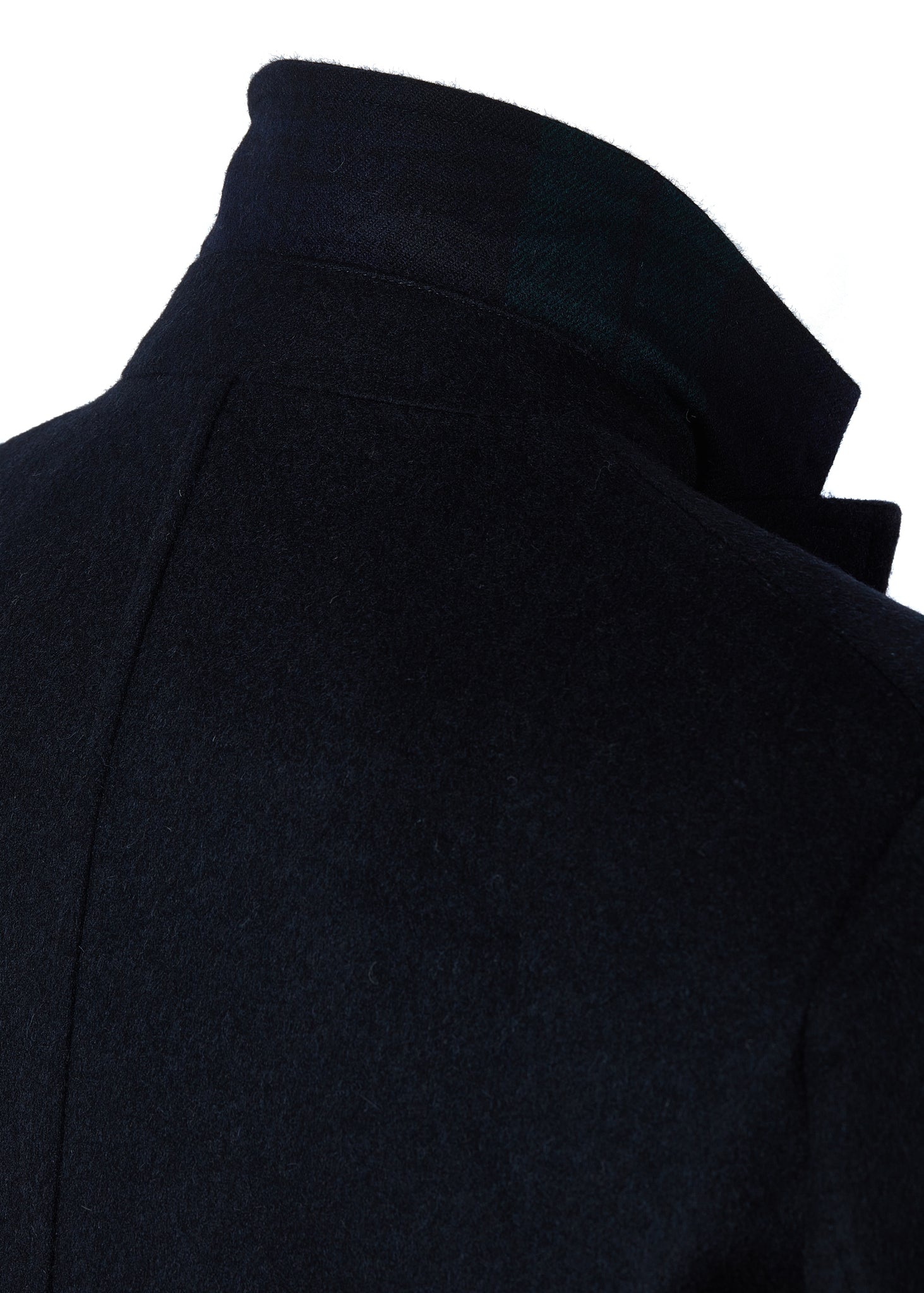 Navy mens coat with collar popped to show blackwatch navy green under collar